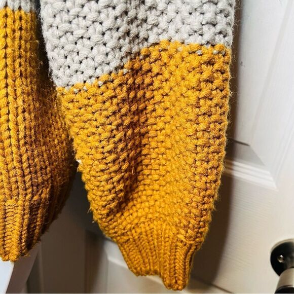 Elodie CrewNeck Colorblock Chunky Knit Sweater Balloon Sleeve Gray Mustard S - Picture 11 of 13